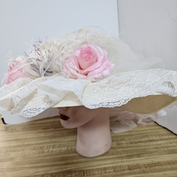Recollections Accessories - Recollections Victorian Hat Pink Rose Lace Wide Brim Feather Kentucky Derby